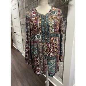 J Jill Women 1X Floral Top Button Front Blouse Colorful Long Sleeve Scoop Neck